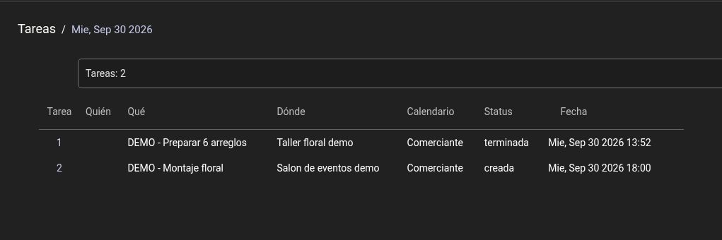 Preparar 6 arreglos está terminada; Montaje floral aparece como creada.