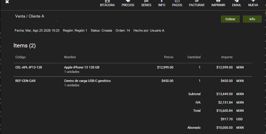 Referencia editada con datos ficticios: Venta 14 con estado Creada: total $15,600.84 MXN y campo Abonado por $10,000 MXN.