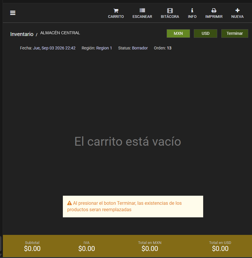 Referencia editada con datos ficticios: Toma de inventario.