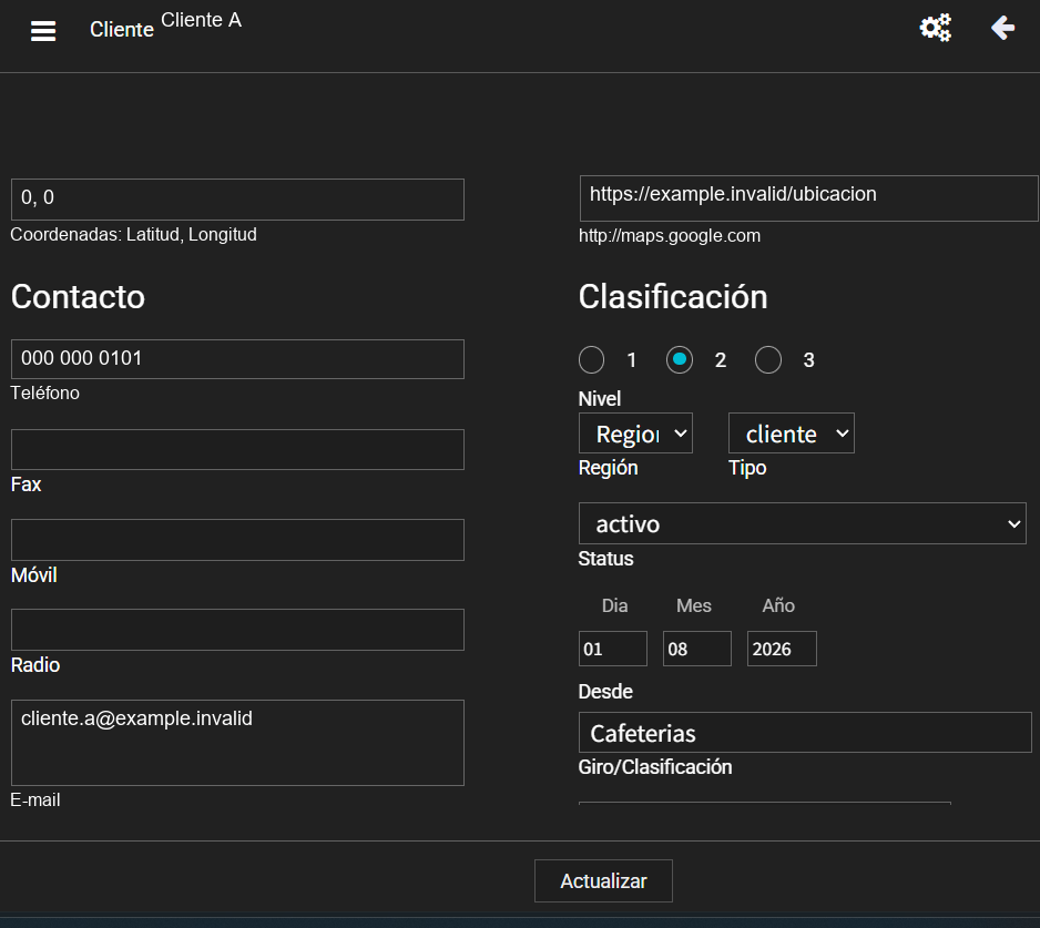 Referencia editada con datos ficticios: perfil del cliente.