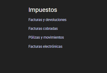 Pantalla de Xambre: menú de reportes de impuestos.