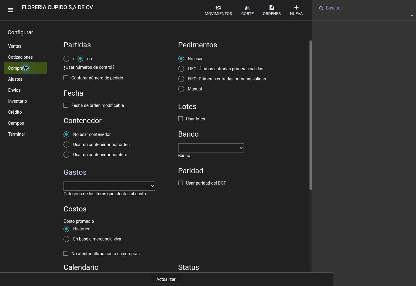 La configuración muestra No usar seleccionado. El ejemplo de compra se realizó con Manual.