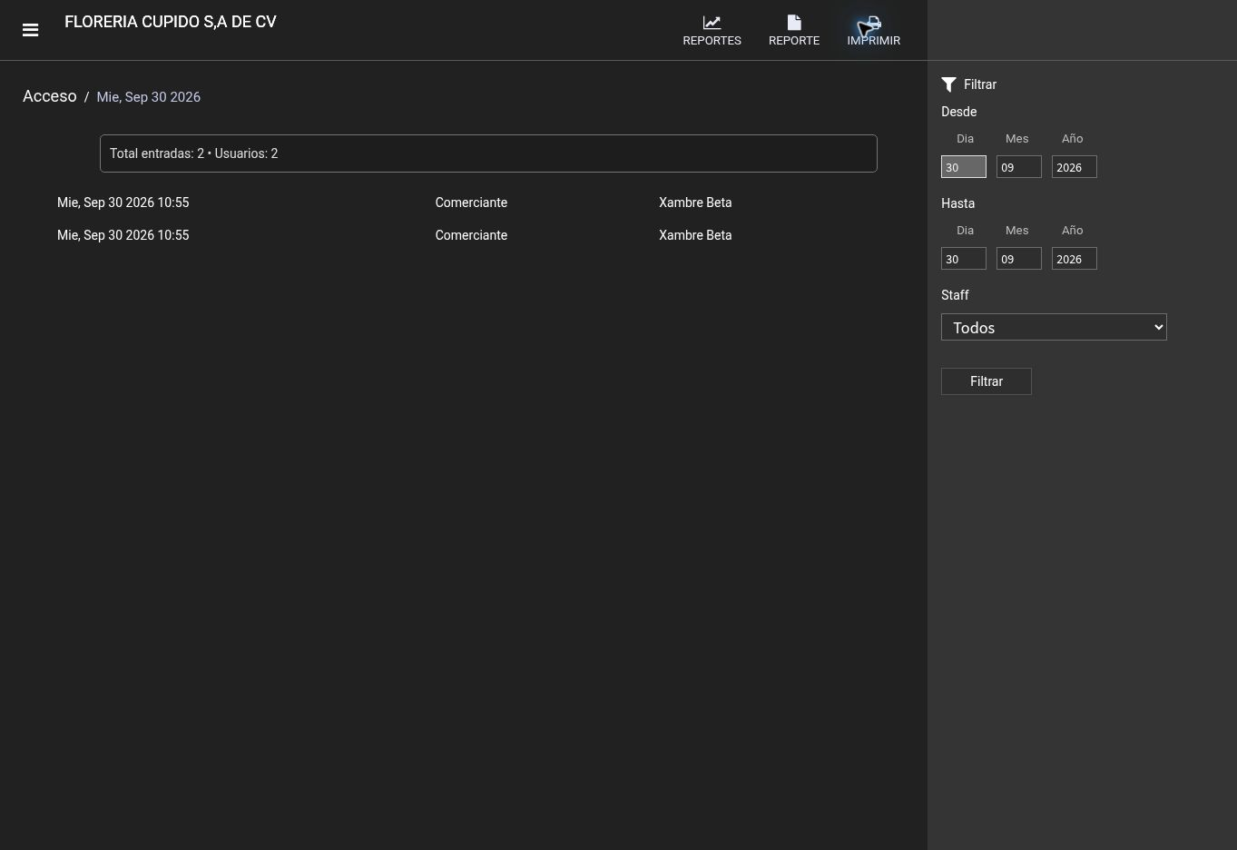 Pantalla de Xambre: Accesos del personal con registros.