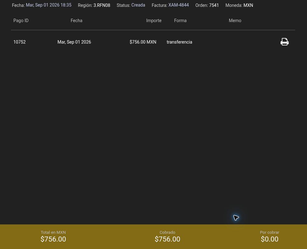 Pago relacionado por $756 MXN y saldo $0.