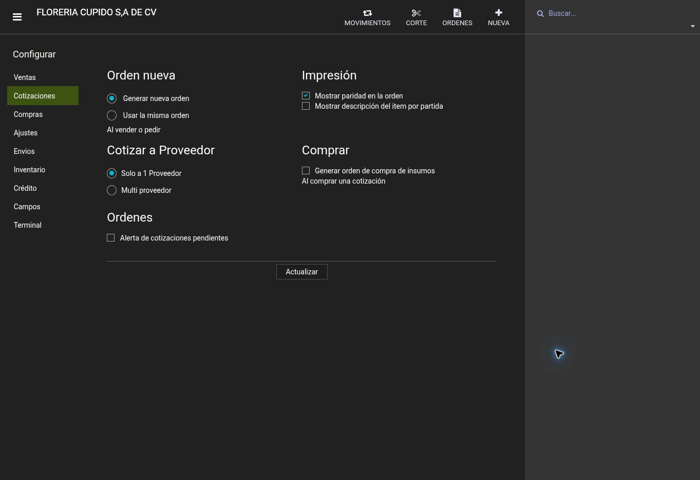Pantalla de Xambre. Alternativas para la orden, los proveedores y la impresión de cotizaciones.
