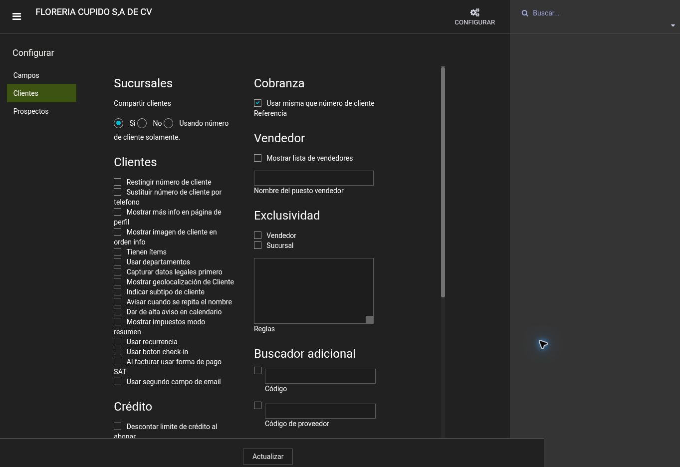 Pantalla de Xambre. Configuración de clientes compartidos, datos del perfil, vendedor y exclusividad.