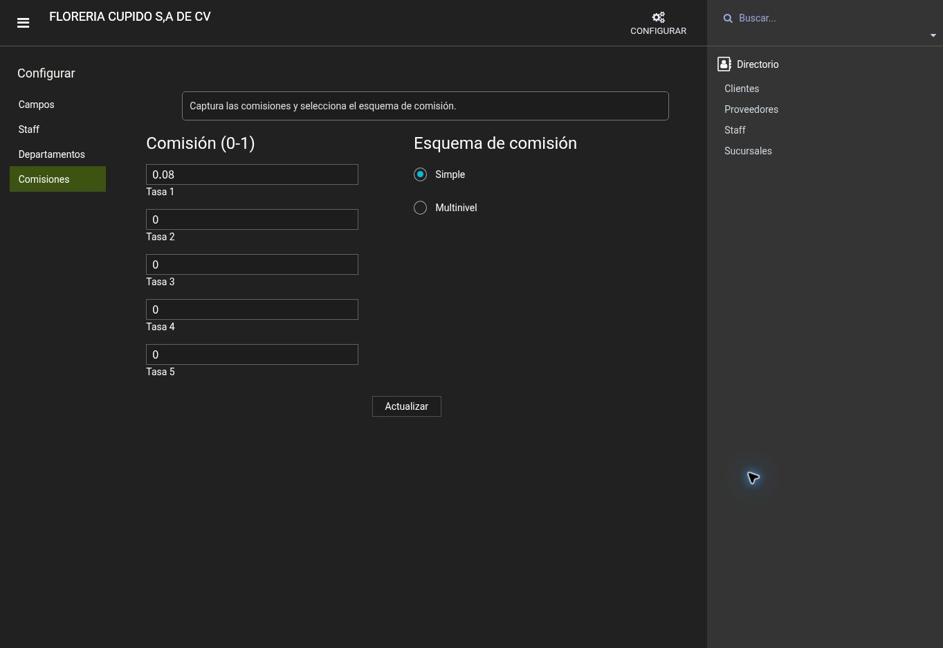 Pantalla de Xambre. Cinco tasas y dos esquemas disponibles en la pantalla; Simple aparece seleccionado.