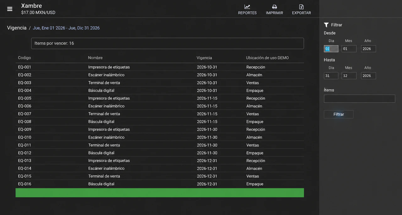 Vista del reporte de vigencia de Xambre con datos de ejemplo.